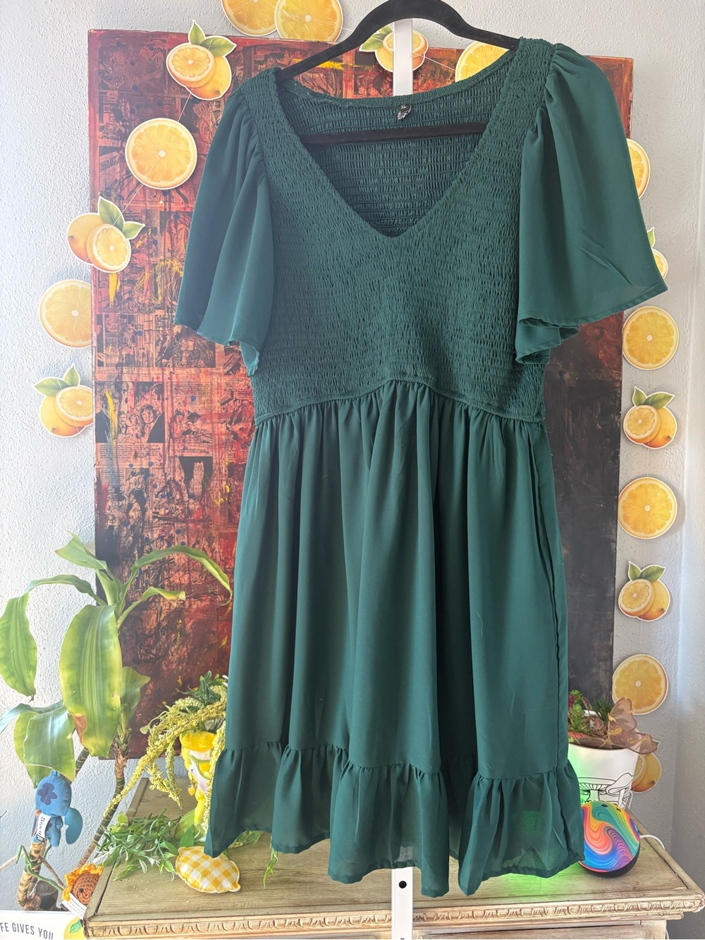 🇺🇸Forest Green V-Neck Smocked Waist Dress Size XL